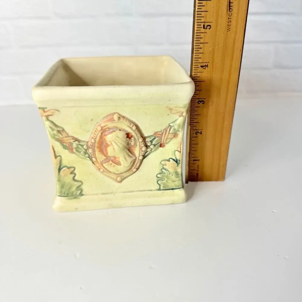 Vintage Weller Pottery Roma Medallion Square Planter Cream Cameo Medallion